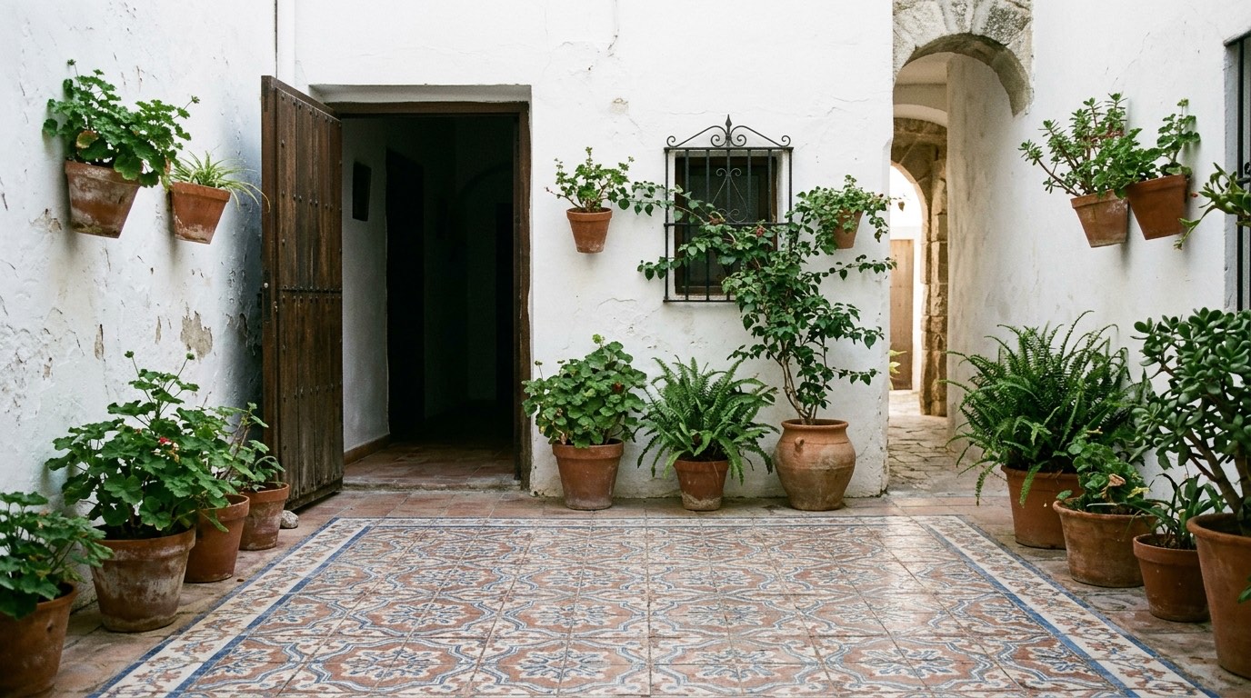 A whitewashed Andalusian courtyard with a tiled floor, potted plants against the walls and an open doorway in soft shade, empty of people