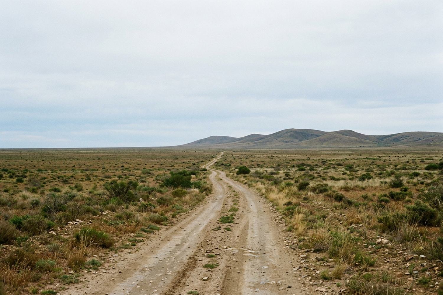 An unpaved track curving across dry open scrubland toward low hills