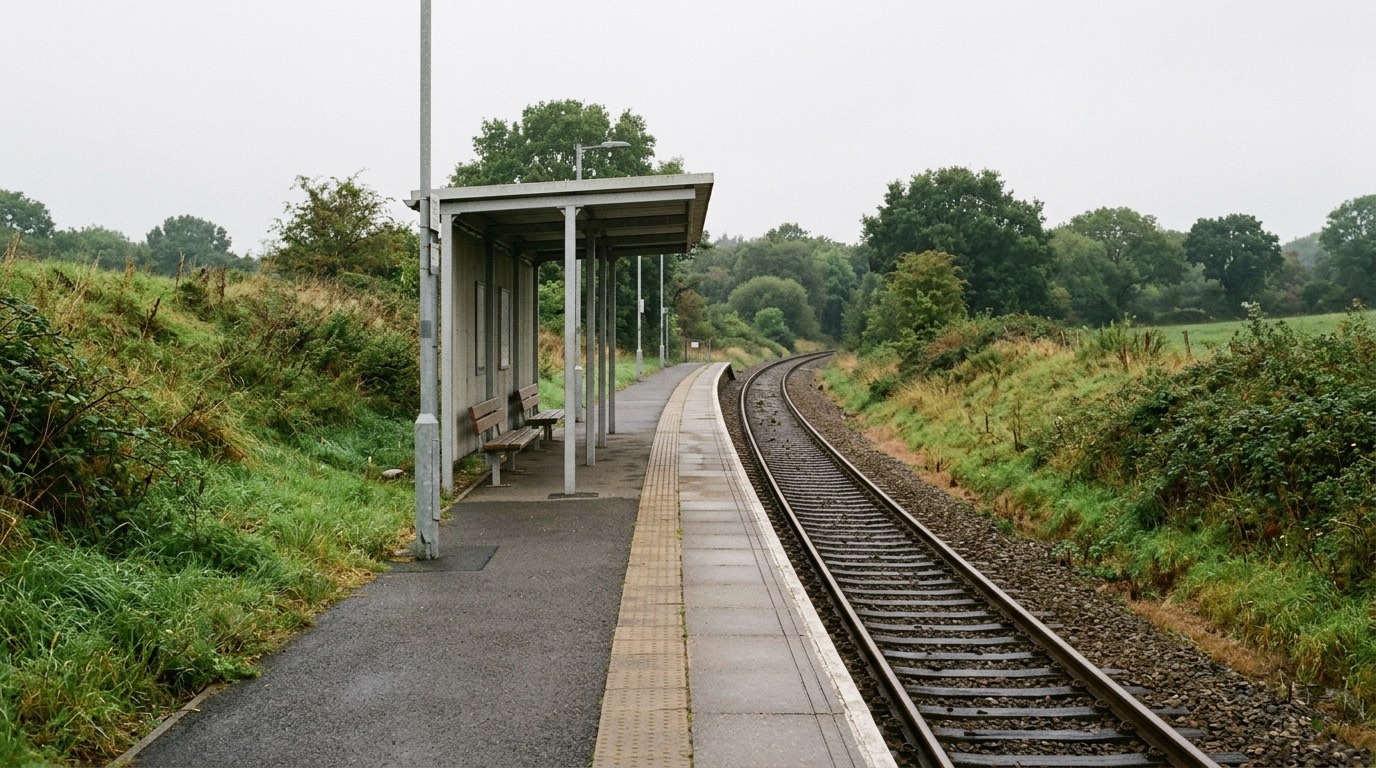 An empty rural railway platform with a low canopy, worn paving and a single track curving away between wet grass banks under overcast light