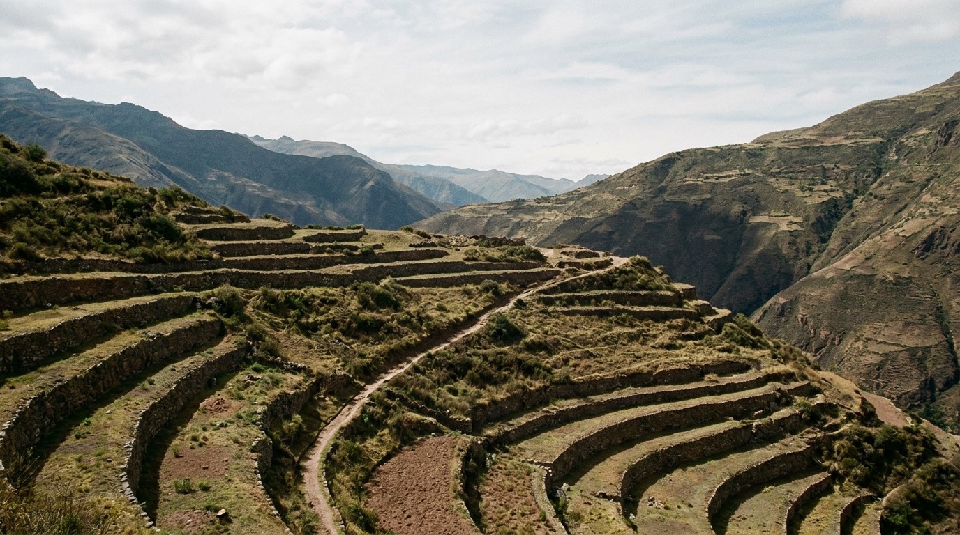 Dry stone agricultural terraces climbing a steep Andean hillside under high thin cloud, with a narrow footpath cut across them and nobody present