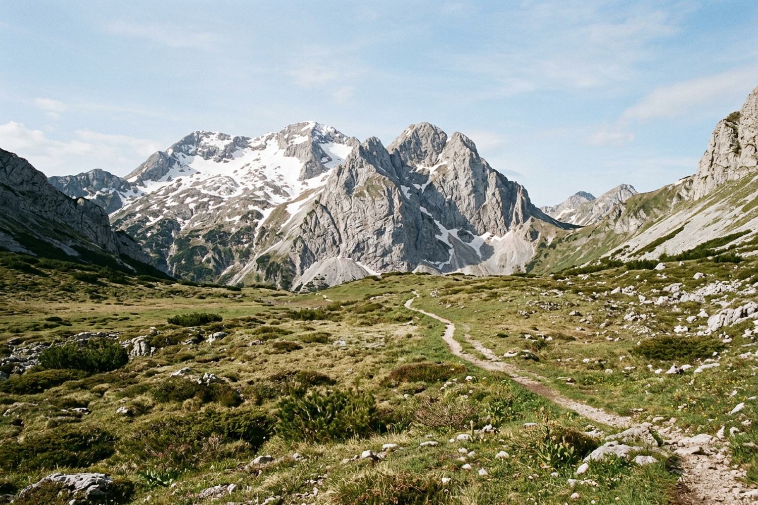 Rocky peaks with snow in the gullies standing above a green meadow, a faint path crossing the grass