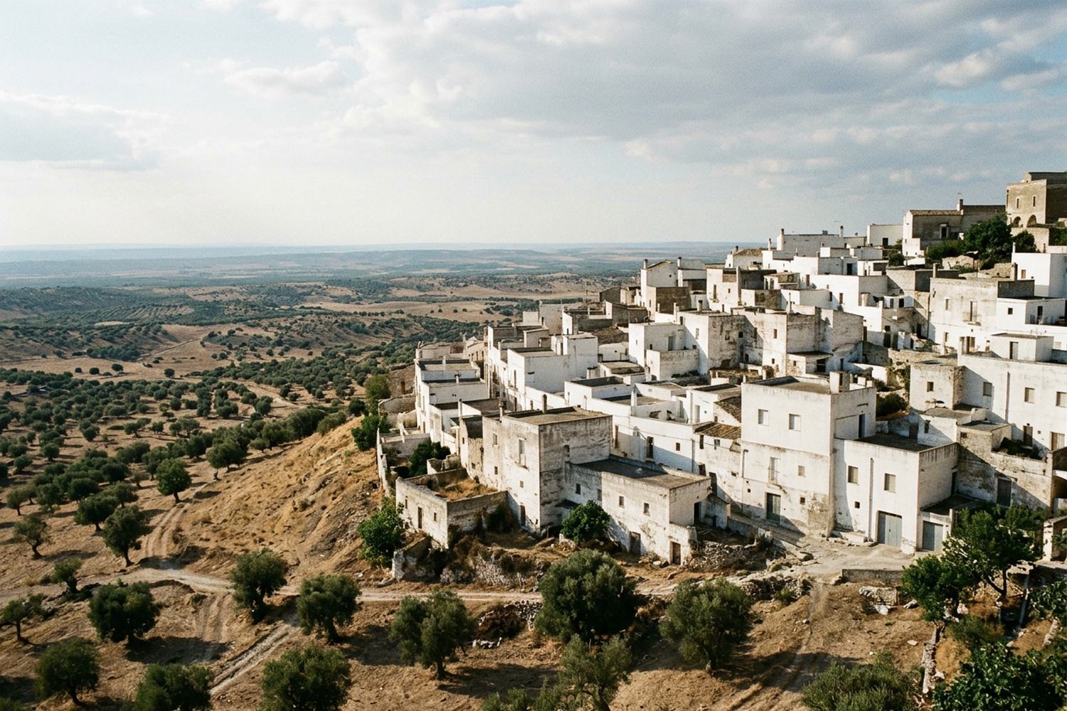 White houses stacked in tiers down a dry slope above a wide olive plain