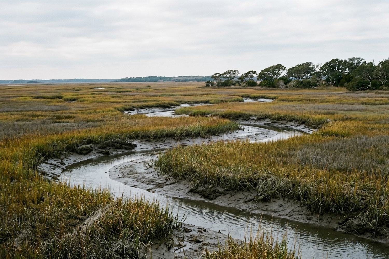 Winding tidal creeks cutting through gold marsh grass under a soft sky