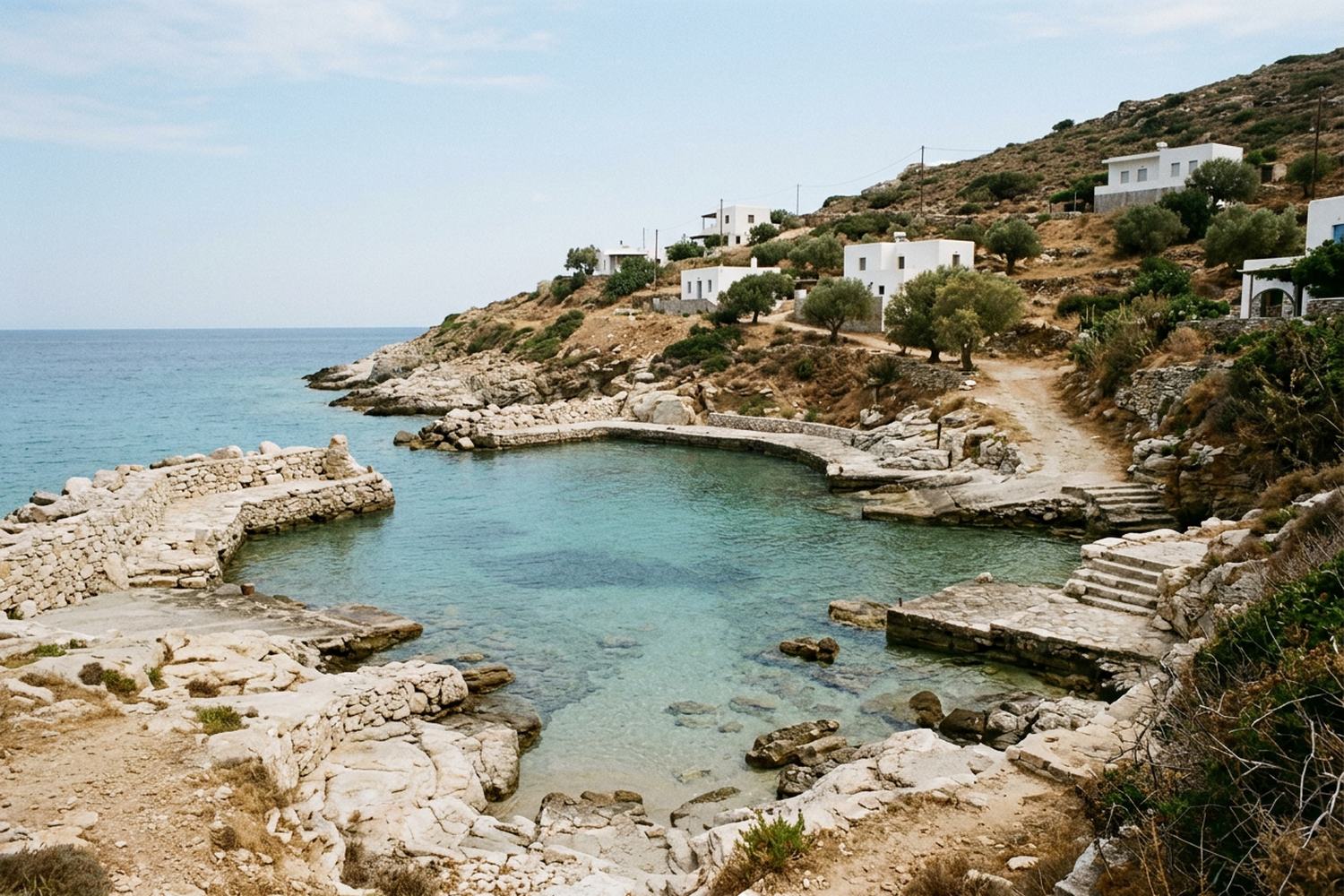 A clear turquoise cove enclosed by pale rock, with low white buildings on the headland above