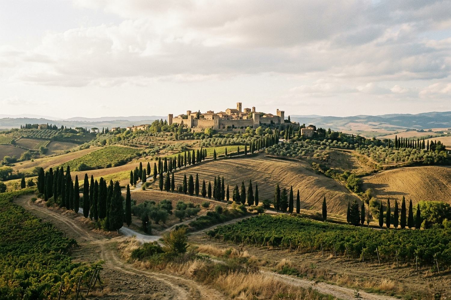 Lines of cypress and a walled hill town above rolling cultivated farmland