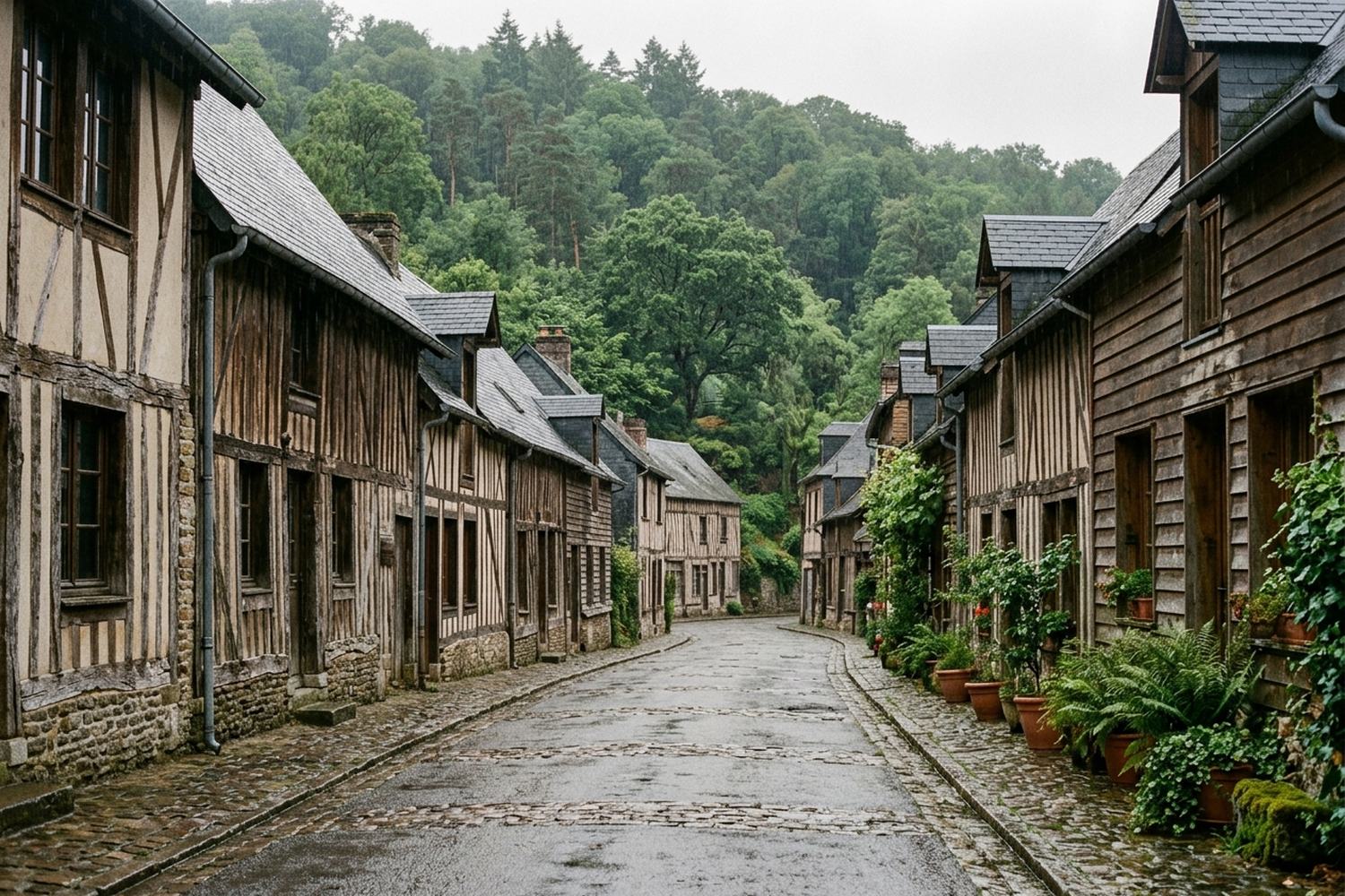 A wet street of dark timber buildings running away between wooded hills
