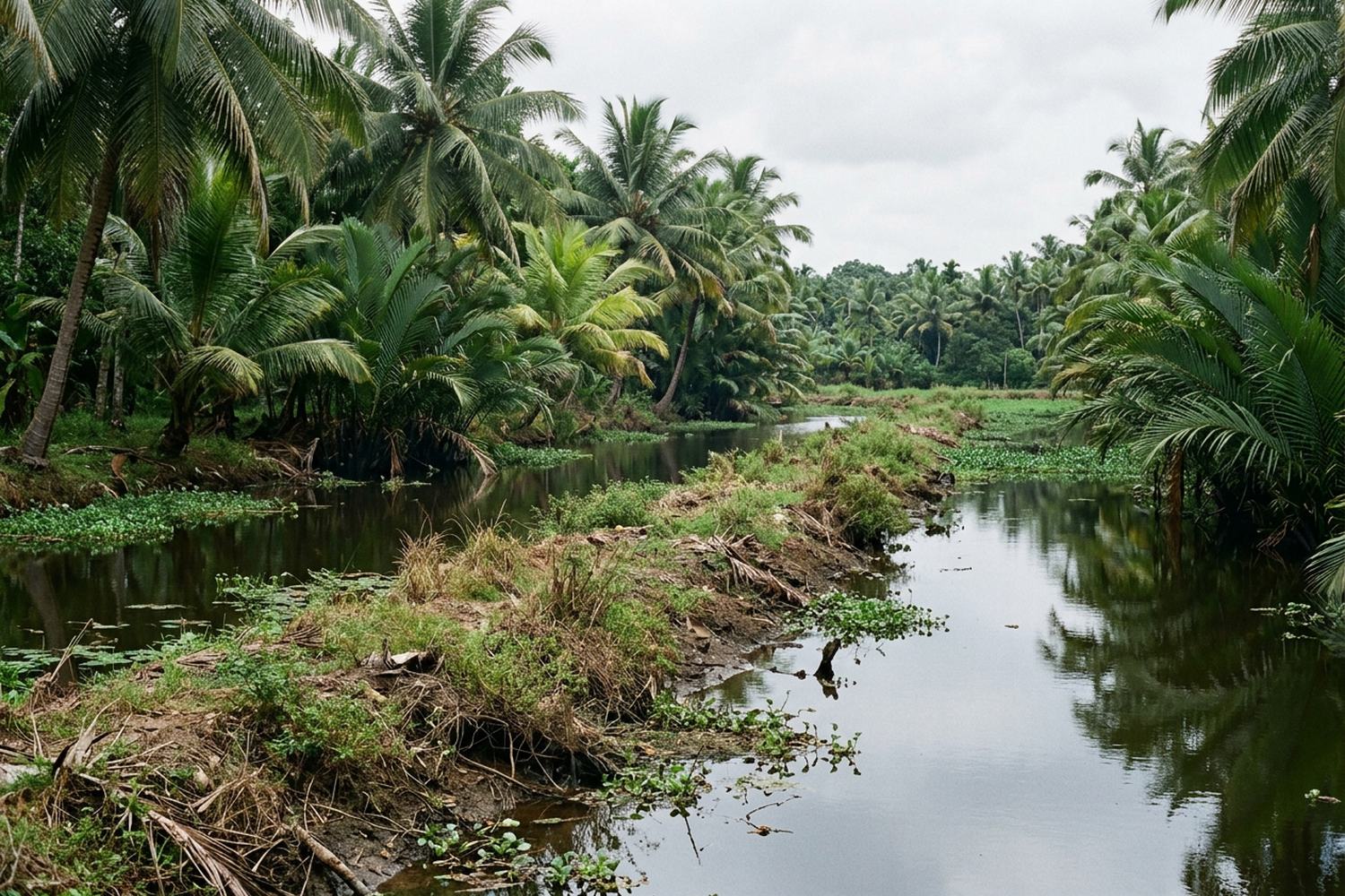 A still green water channel between banks of dense palm and undergrowth