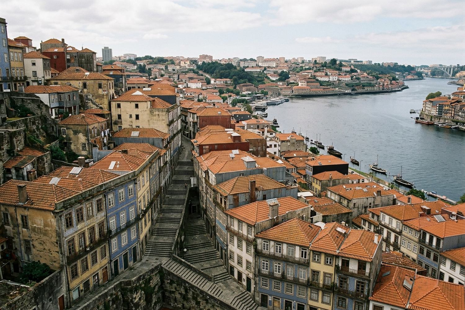 Red tiled roofs stepping steeply down toward a wide river, tall facades between them
