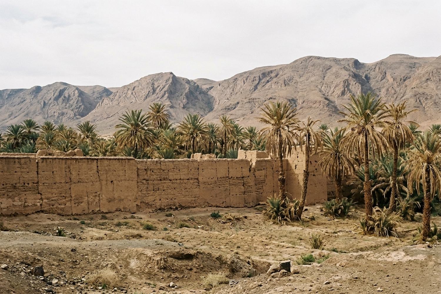 A long rammed earth wall and a palm grove below bare mountains