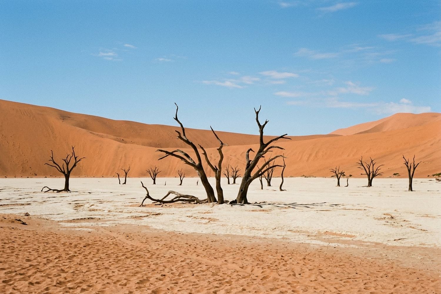 Orange dunes behind a white clay pan with bare dead trees standing on it