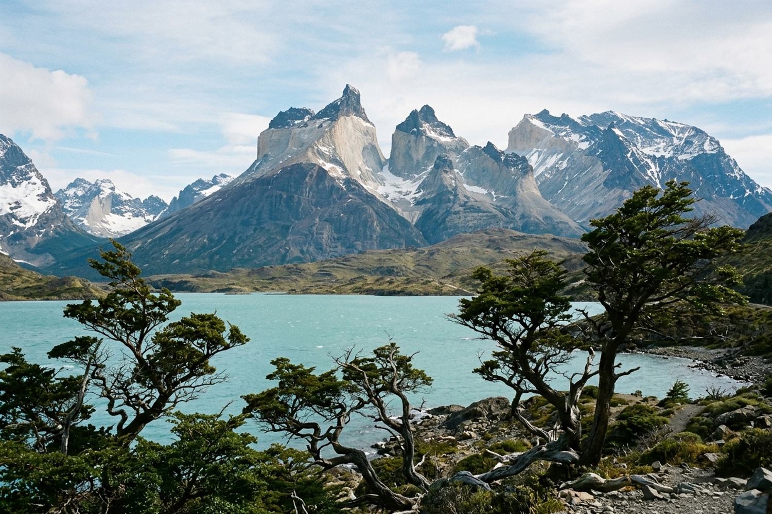 Granite spires above a turquoise lake, wind bent trees in the foreground
