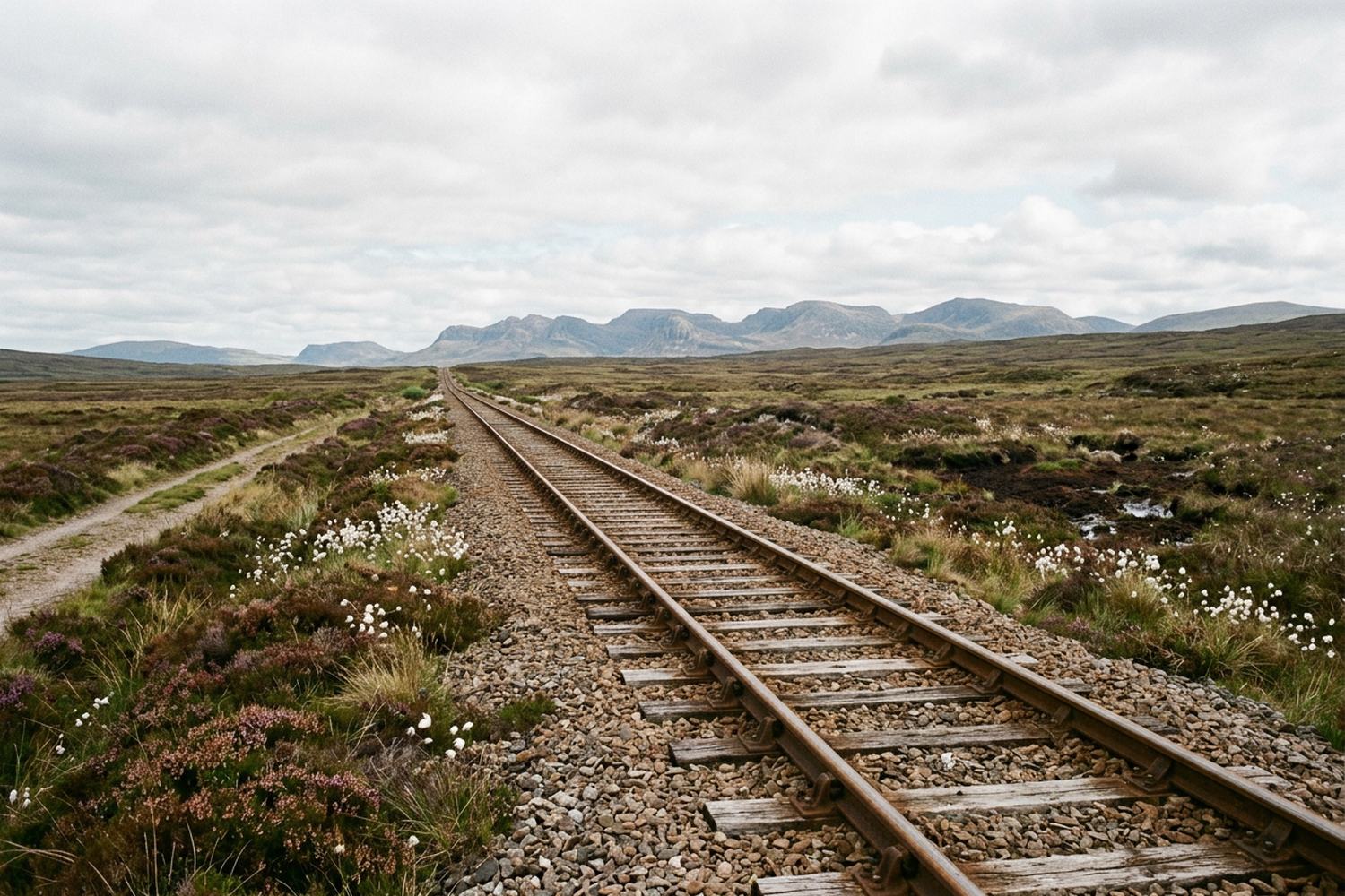 A single railway line running straight across open moorland toward low hills