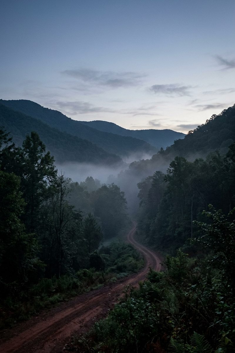 Night sky clearing over a dark valley with a thin layer of mist beginning to form in the low ground
