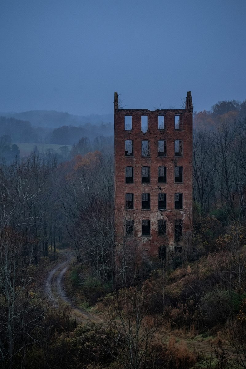 Tall roofless brick mill walls standing among bare trees in a wooded gorge in dim early light