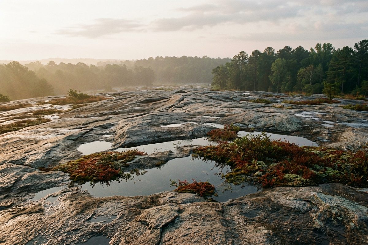 Wide expanse of exposed granite at sunrise with shallow depressions holding water and low red vegetation
