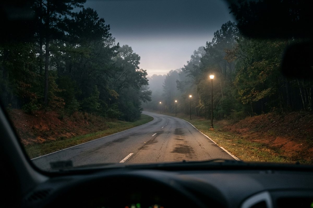 Car headlights on an empty suburban road before dawn with street lights still on and no other traffic