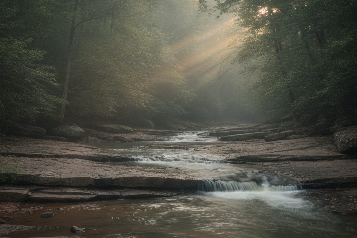 Shallow creek running fast over flat rock shelves with mist above the water and dark trees on both banks