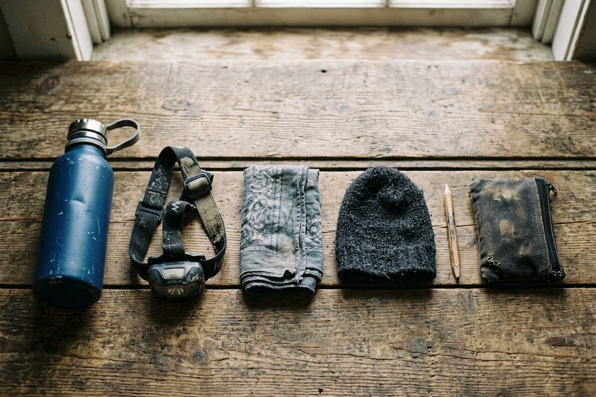 Contents of a small day bag laid out on a plank surface in flat morning light, water bottle, torch, cloth and notebook